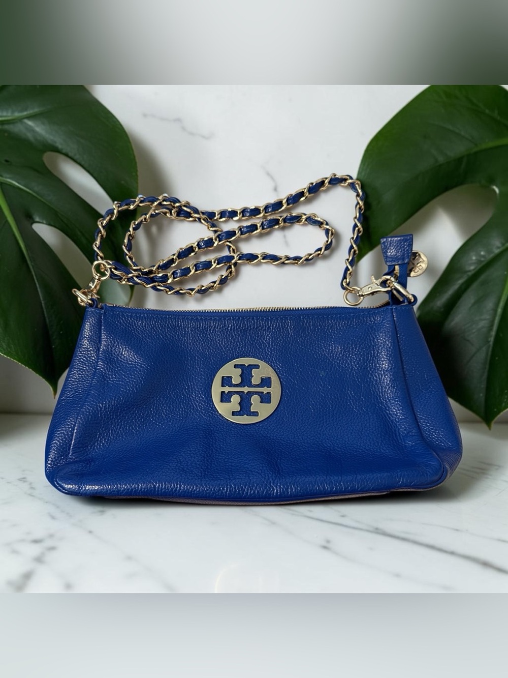 Tory Burch Royal Blue Pebbled Leather Chain Strap Crossbody